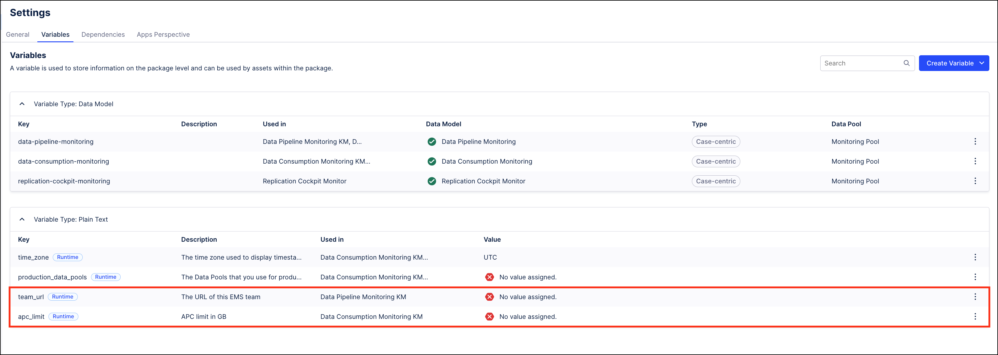 Screenshot showing the location of the apc_limit and team_url variables used for Monitoring Views.