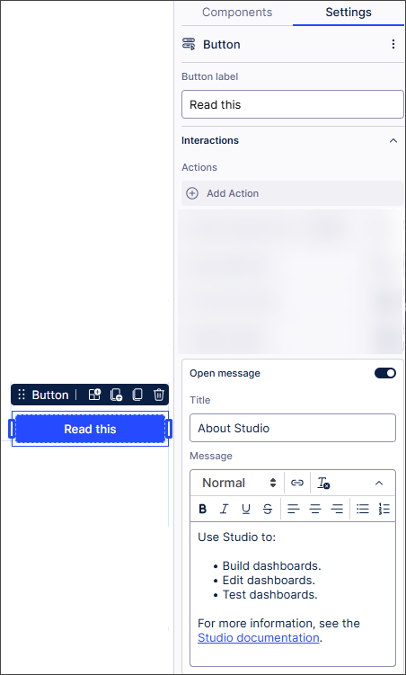 Screenshot showing the Open message settings for a button component