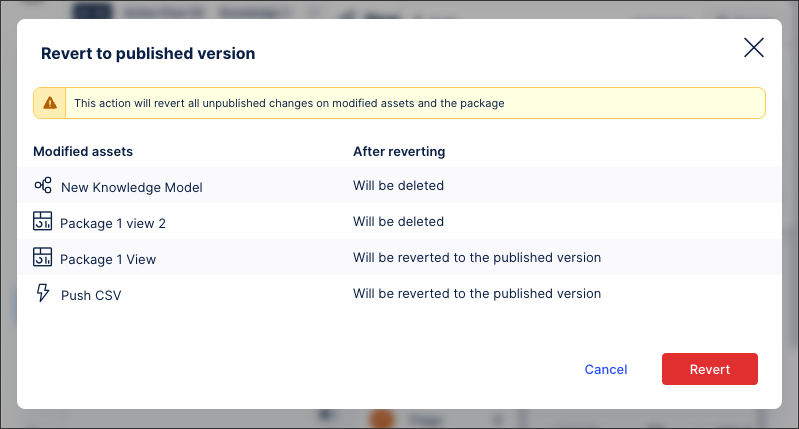 screenshot showing a warning about any unpublished package assets that will be deleted by reverting your changes.