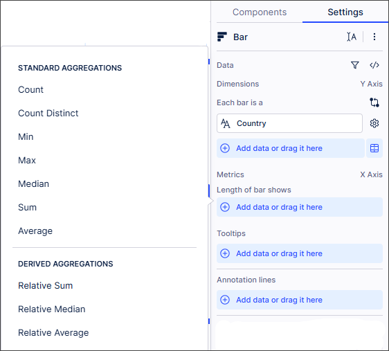 Screenshot showing the Aggregations popup, inlcuding the Derive Aggregations options