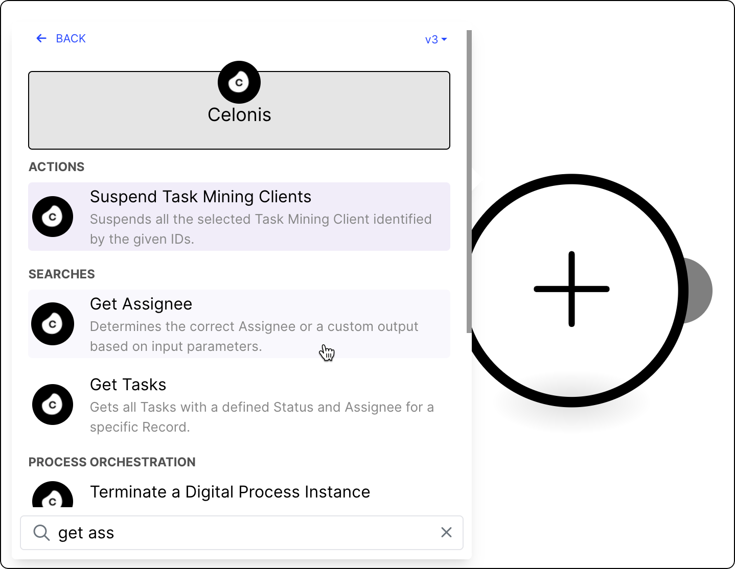 The module selection screen for Action Flow with the Get Assignee module selected.