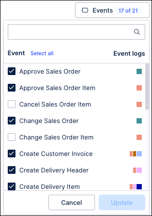 Screenshot showing an example of the events menu for a multi-object process explorer.