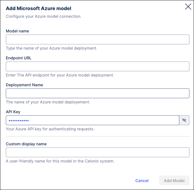 Screenshot of the Add Microsoft Azure model window used to configure an existing Azure large language model for use in the Celonis Platform.