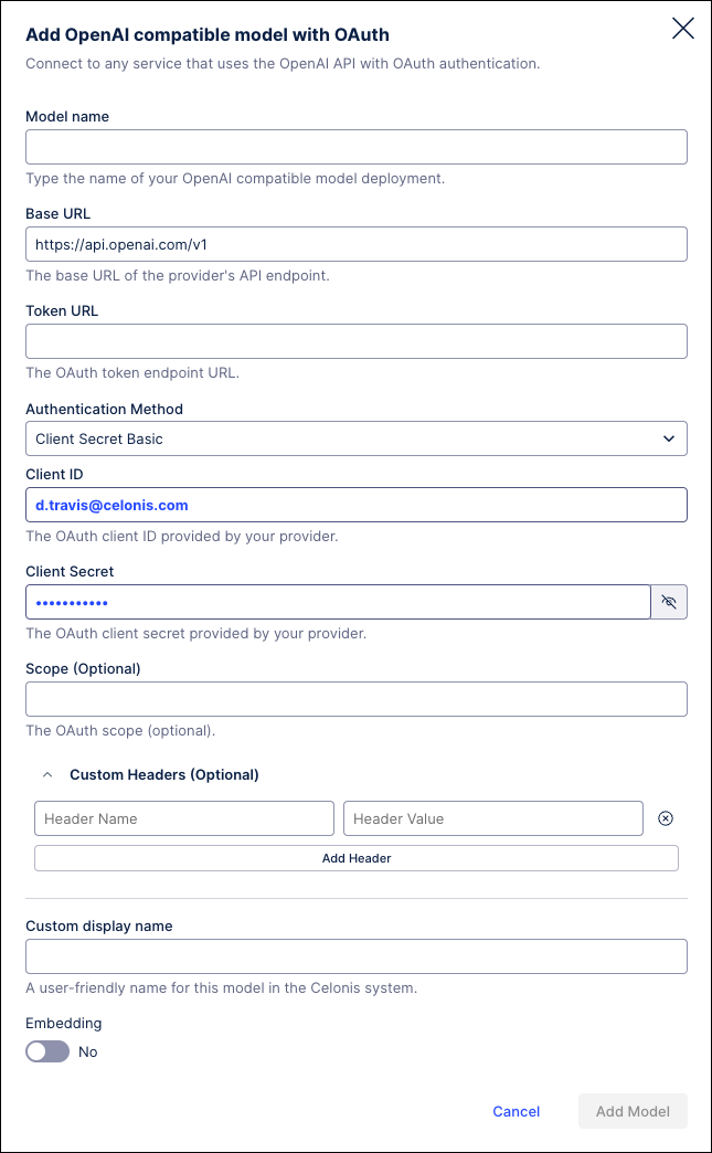 Screenshot showing the screen for adding a new OpenAI model using OAuth authentication.