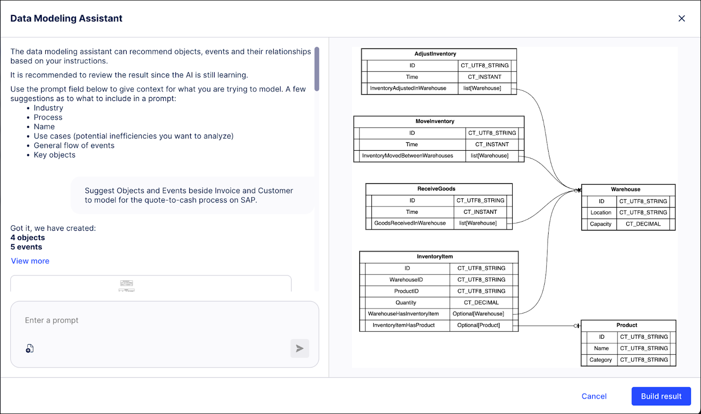 Screenshot showing an example of the data modeling assistant being used to suggest objects and events based on a use case.