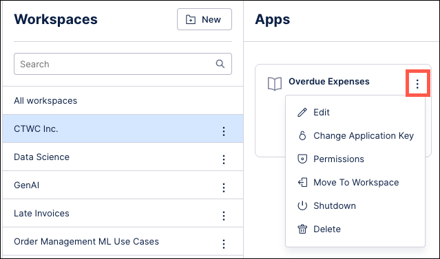 Screenshot of the menu options for an App in a Machine Learning workspace.