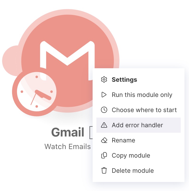 A Gmail Action Flow module with the context menu open and the "Add error handler" option highlighted.