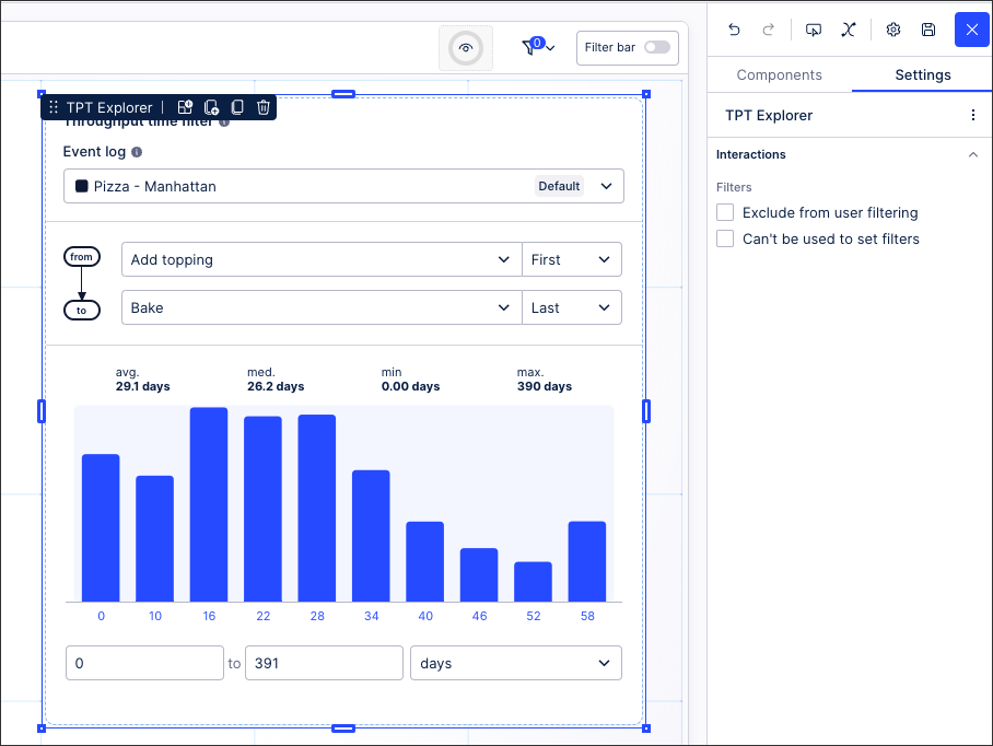 A screenshot from the Celonis Platform showing how to configure a throughput time explorer component in Studio.