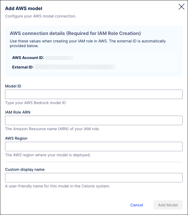 Screenshot of the Add AWS model window used to configure an existing AWS large language model for use in the Celonis Platform.