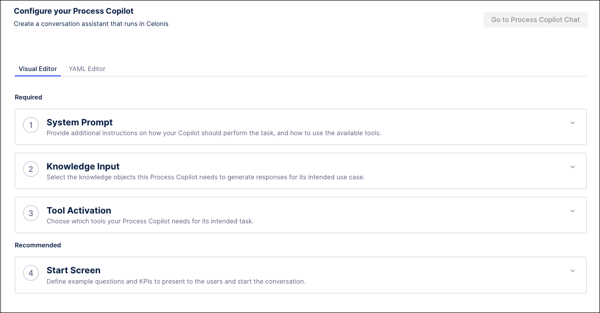 Screenshot showing the Configuration screen used to set up a Process Copilot.