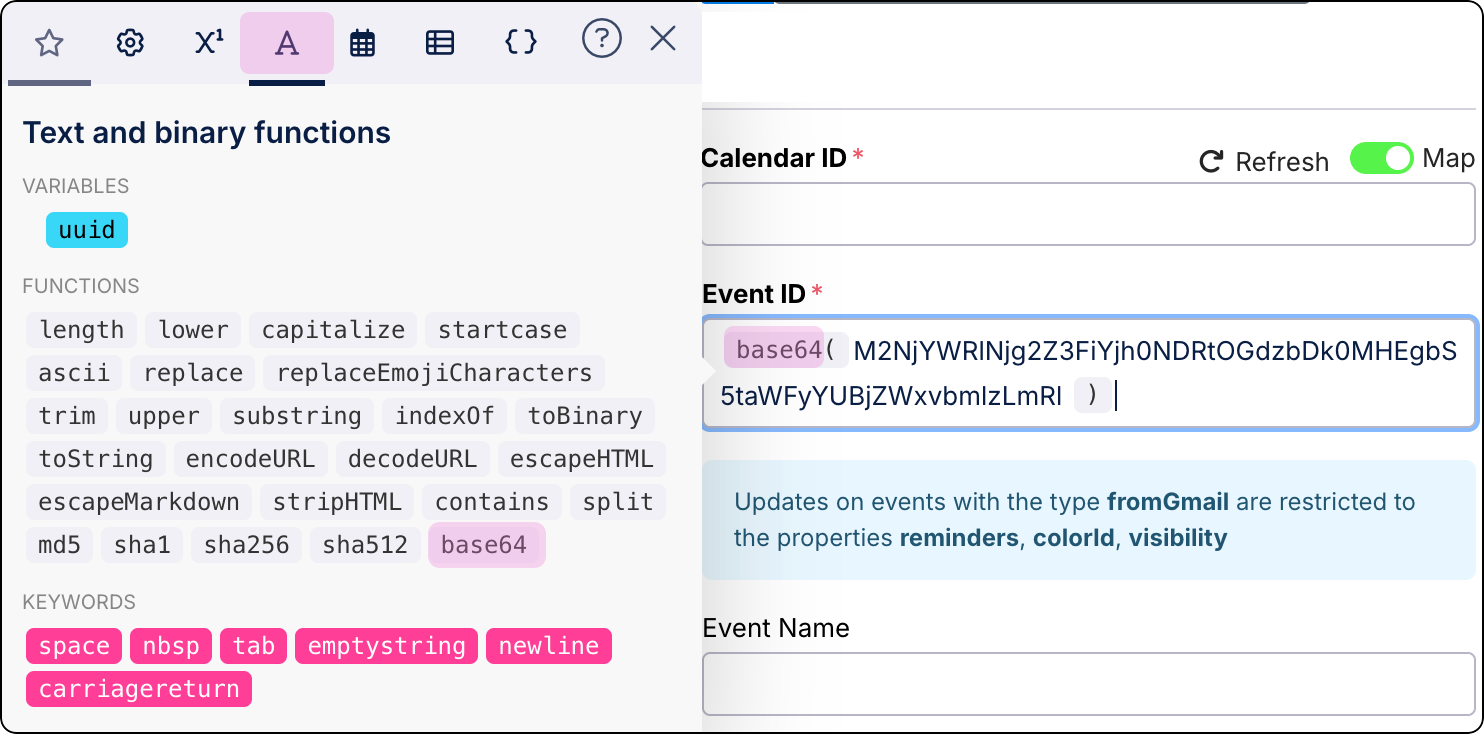 Event ID settings of the Update Event Action Flow module showing base64 coding type selected for the event ID value.
