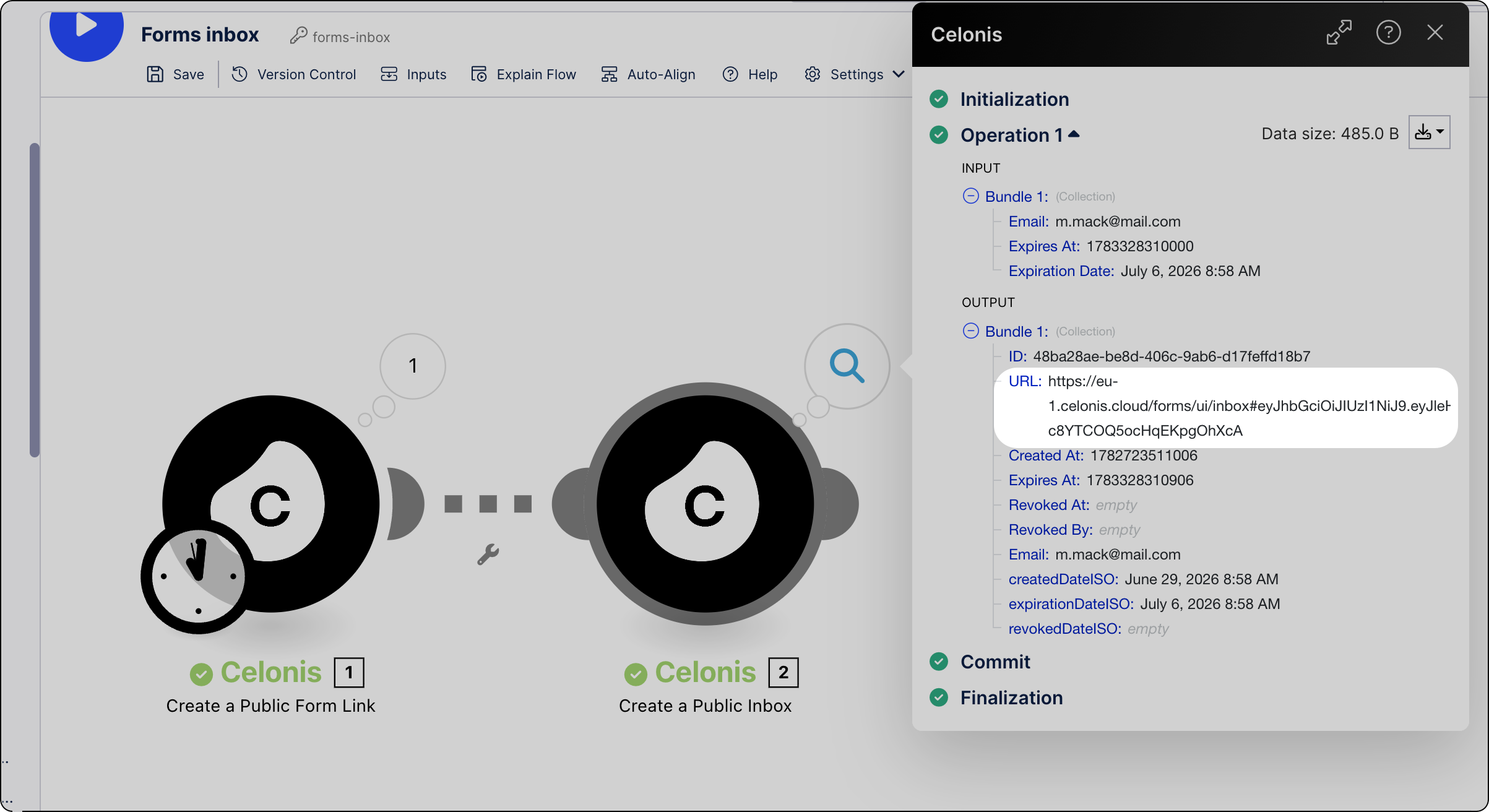 Action Flow execution view displaying the connection between the Create a Public Form Link and Create a Public Inbox modules. The execution details panel is expanded for the first module, highlighting the generated URL in the output bundle.