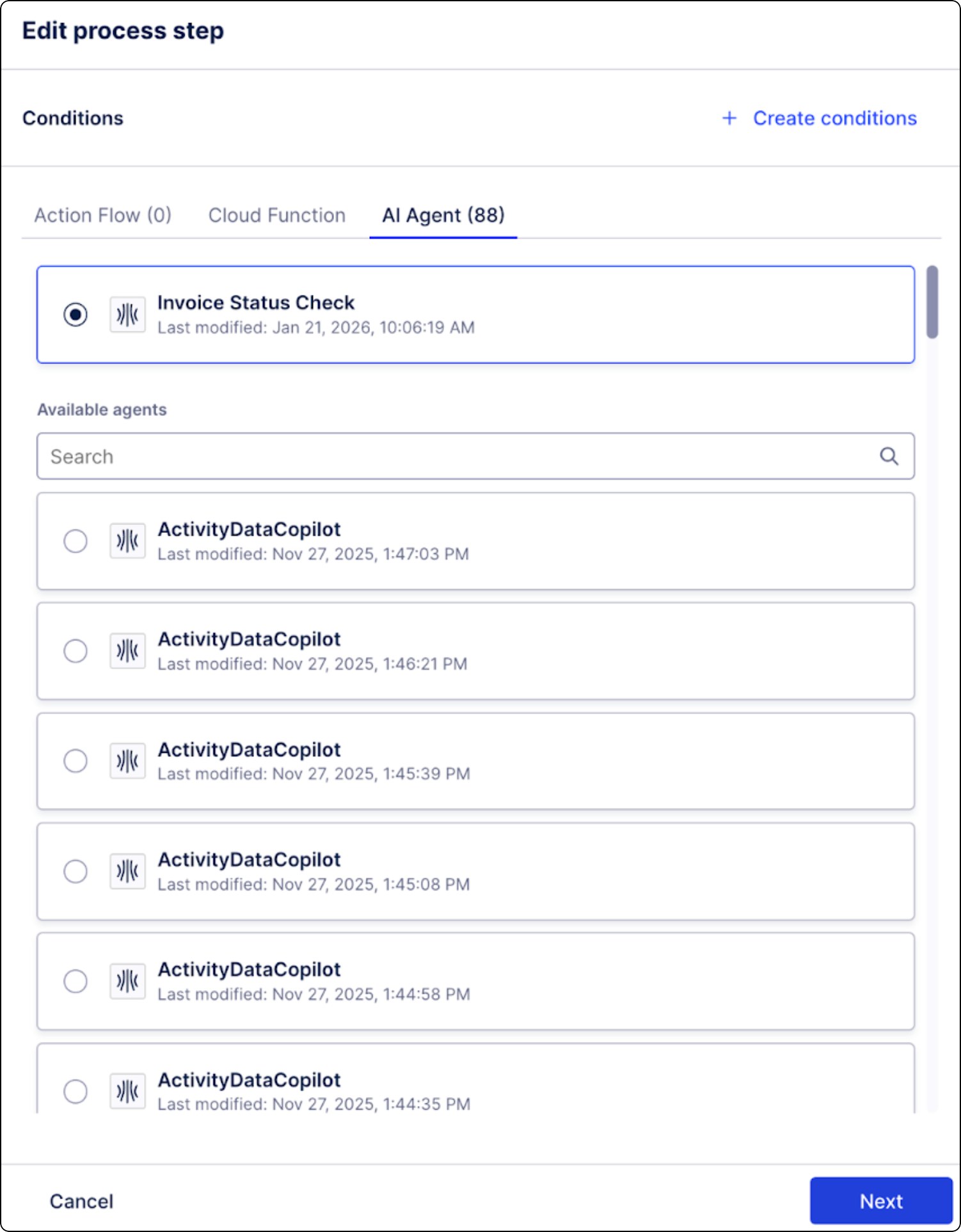 Process Orchestration step editor with the AI Agent tab selected.