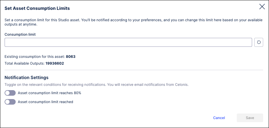 Screenshot of the Set Asset Consumption Limits window in the AI Settings module.