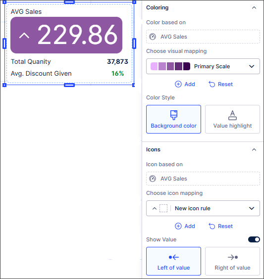 Screenshot of a KPI card with a purple background and an up-arrow icon, with the color visual mapping and icon setting options selected also displayed