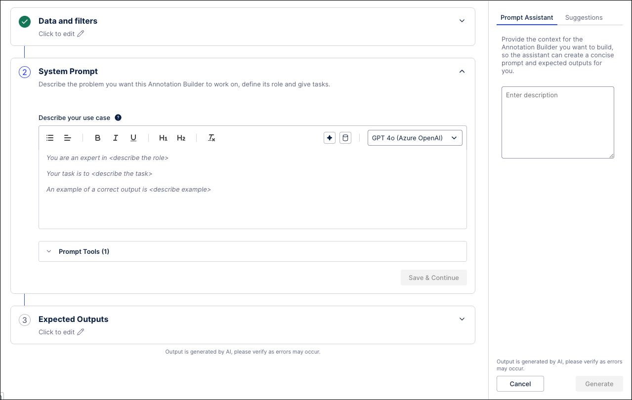 Screenshot showing the Annotation Prompt Assistant tab and the message box for describing the type of prompt to build.