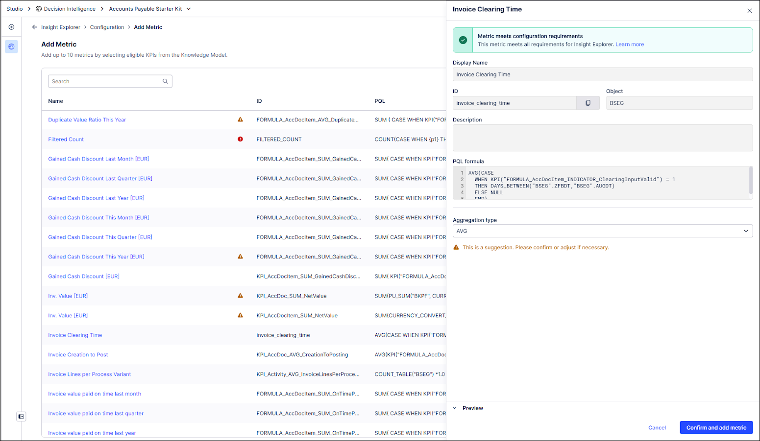 Screenshot of an eligible metric on the Add Metric screen in Insight Explorer.
