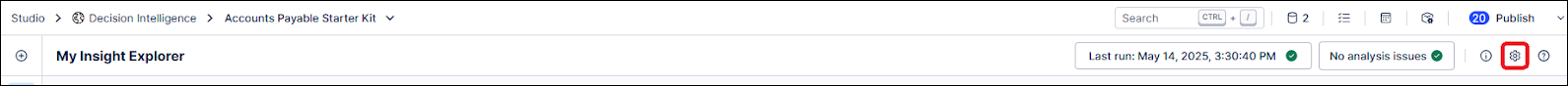 Screenshot showing the location of the Configuration icon on the Insight Explorer screen.