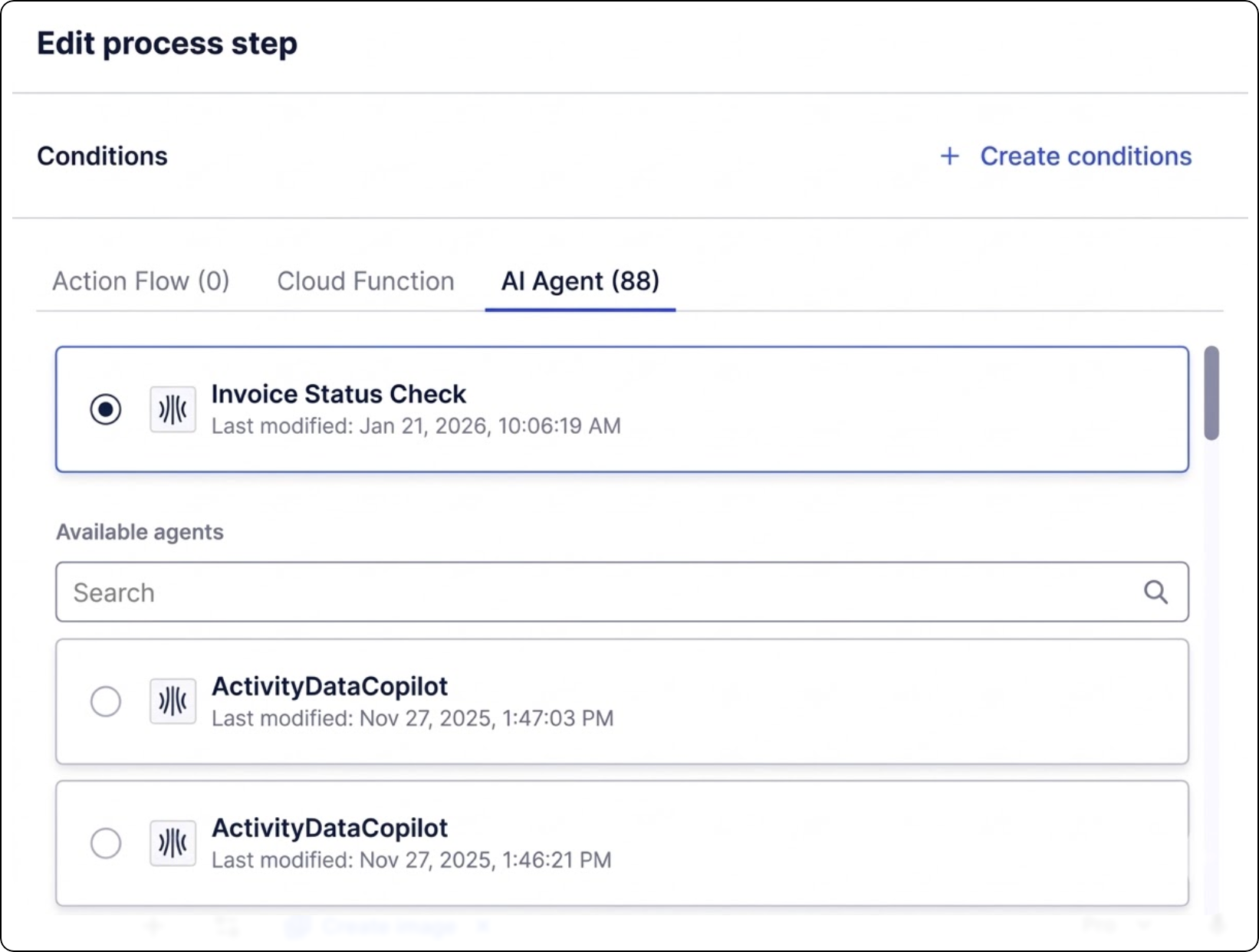 Process Orchestration step editor with the AI Agent tab selected.