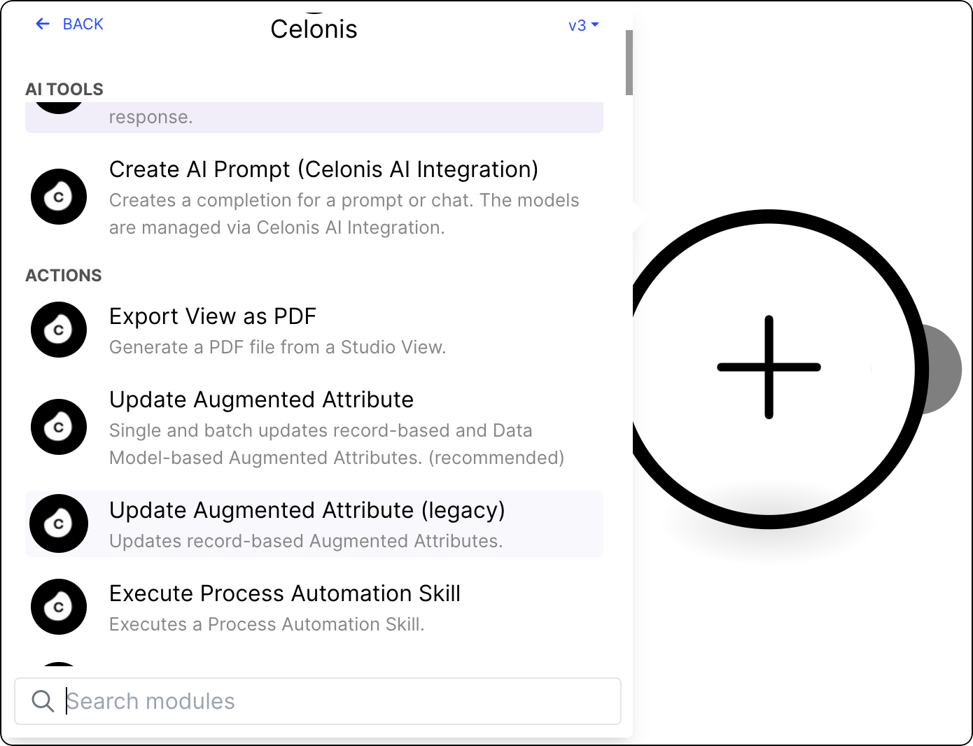 List of Celonis Action Flow modules with the Updated Augmented Attribute (legacy) module selected.