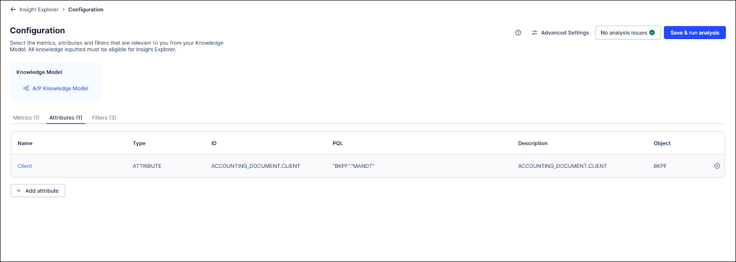 The Attributes tab of the Configuration screen showing a new attribute was added to this Insight Explorer.