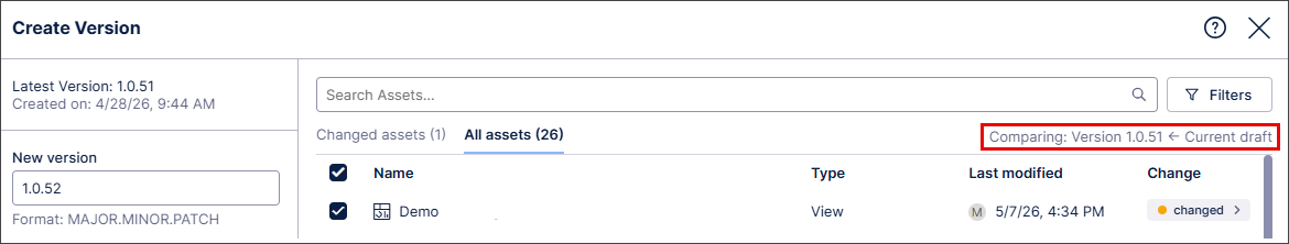 Screenshot showing the versions that are being compared.