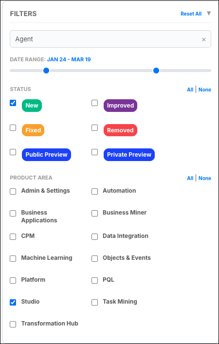 An example of the release note filtering panel, showing the options outlined in the release note.