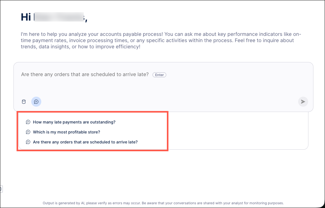 Screenshot showing the Process Copilot chat screen with the sample questions highlighted.