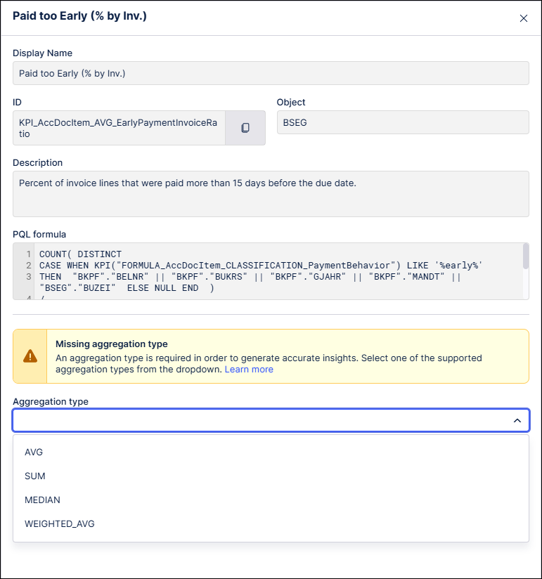 Screenshot of a KPI in Insight Explorer with the Aggregation type dropdown expanded.