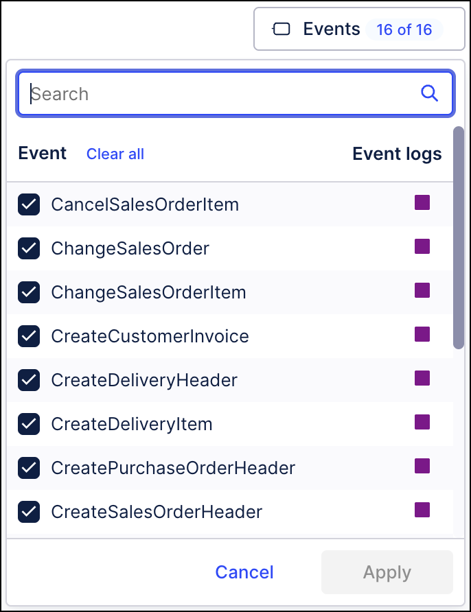 Screenshot showing an example of the events menu for a object centric variant explorer.