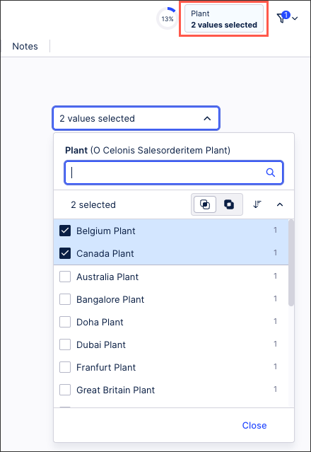 A screenshot showing a filter dropdown based on physical locations / plants.