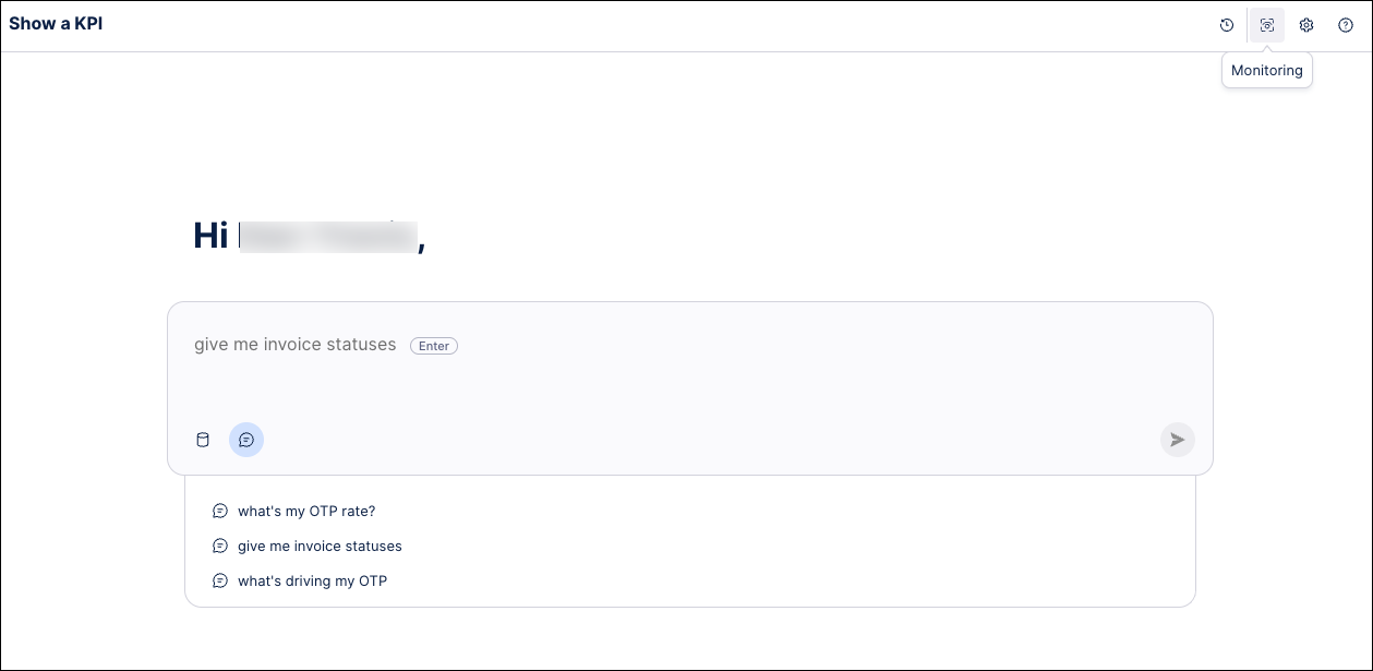 Screenshot showing the location of the Monitoring icon on the Process Copilot chat interface.