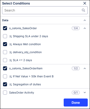 List of conditions with some conditions selected.