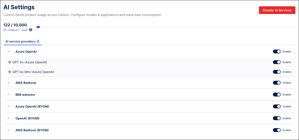 Screenshot of the AI Settings screen with the first service provider expanded to show the individual services available.