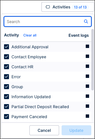 Screenshot showing an example of the events menu for a case centric process explorer.