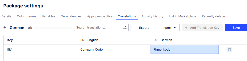The Package settings screen with a German translation for company code added for the translation key