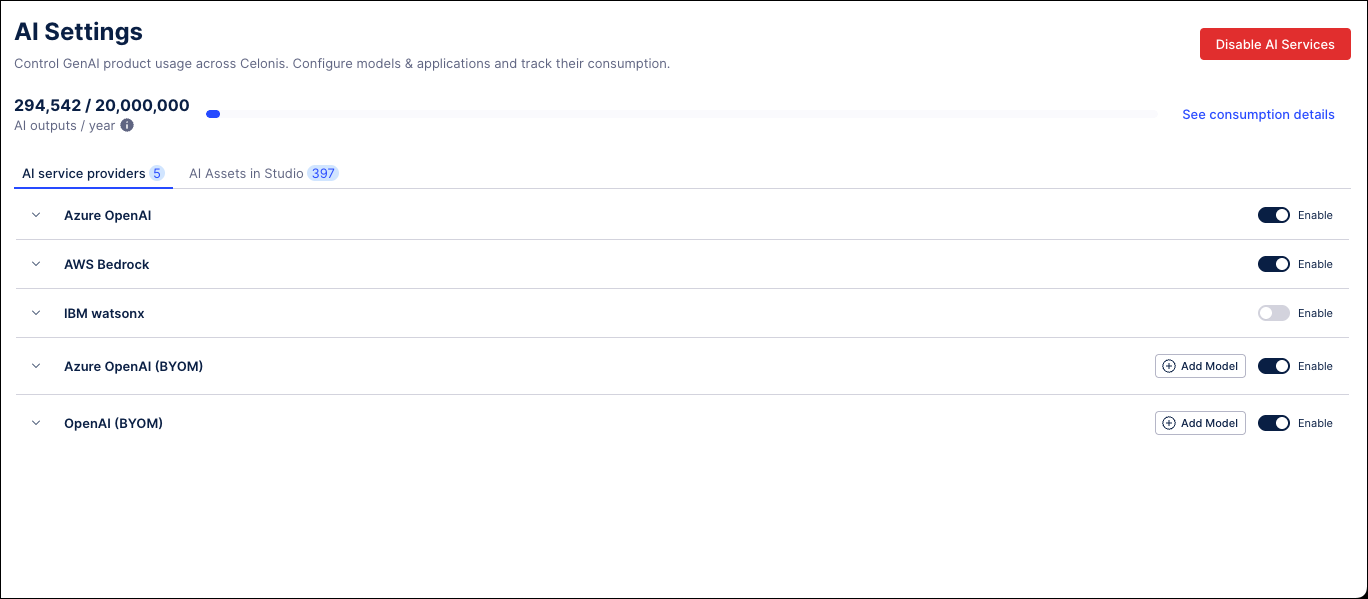 Screenshot of the AI Settings screen in the Admin & Settings module.
