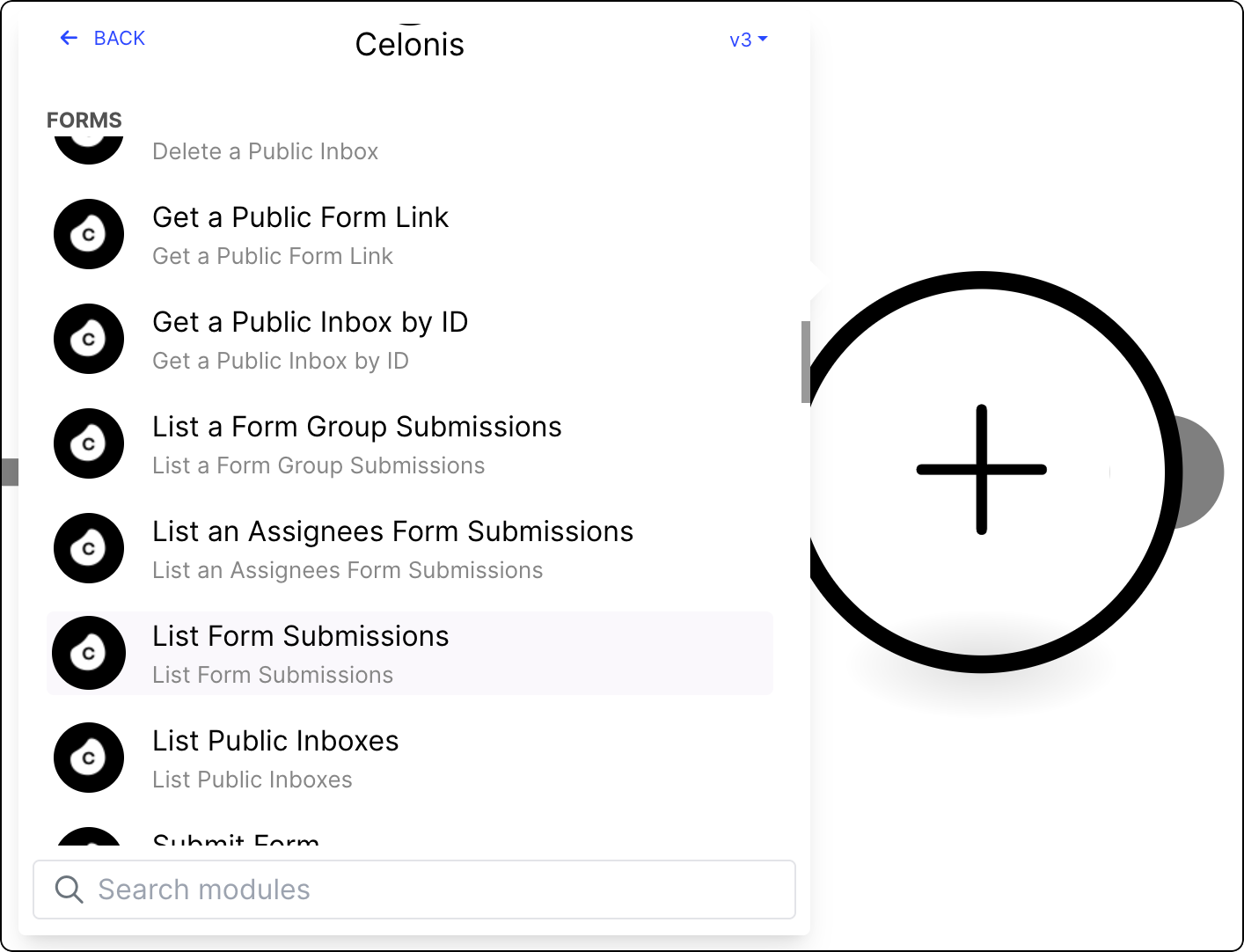 List of Action Flow modules with the List Form Submissions module selected.
