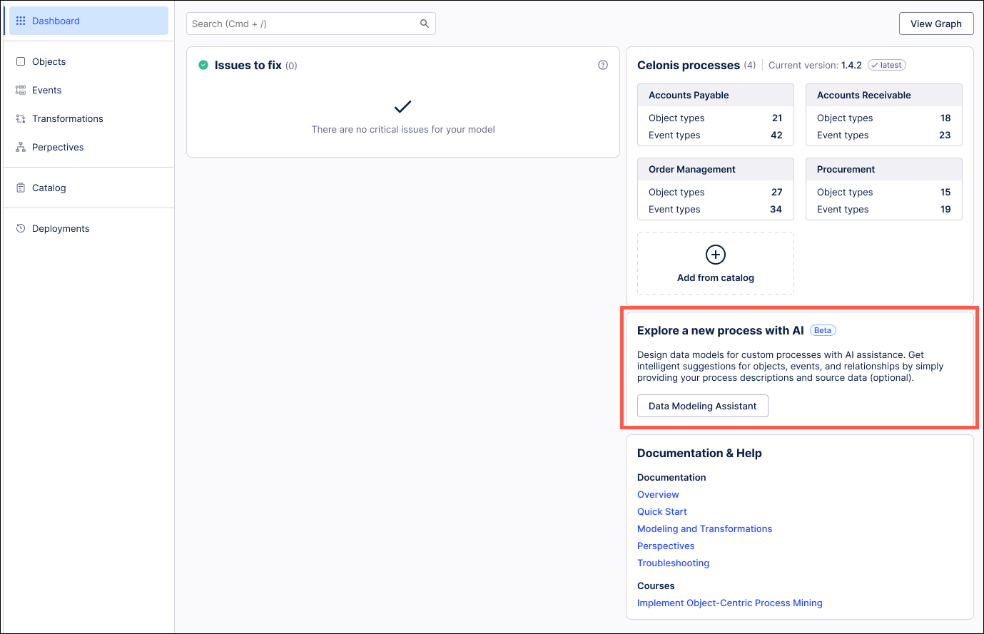 Screenshot of the Objects and Events dashboard with the location of the Data Modeling Assistant button highlighted.