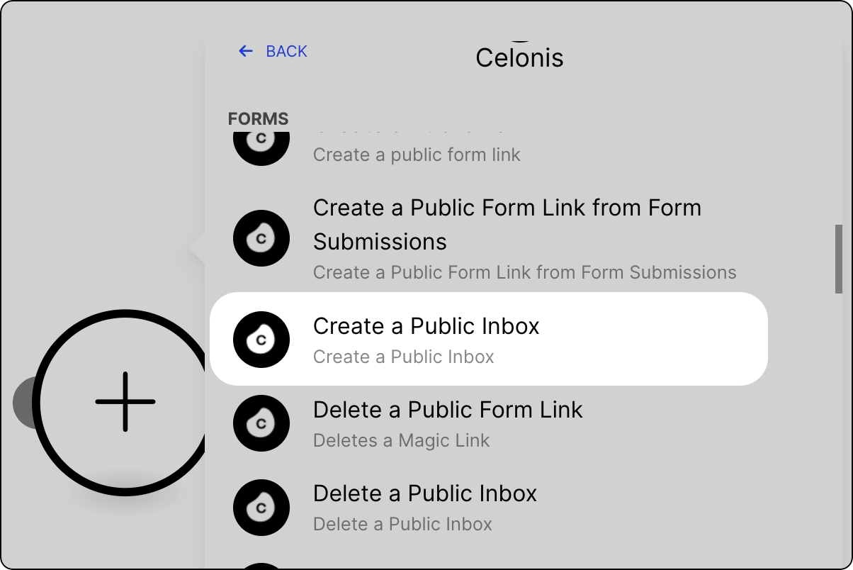 Celonis Action Flow module selection menu displaying Forms options. The Create a Public Inbox module is highlighted.