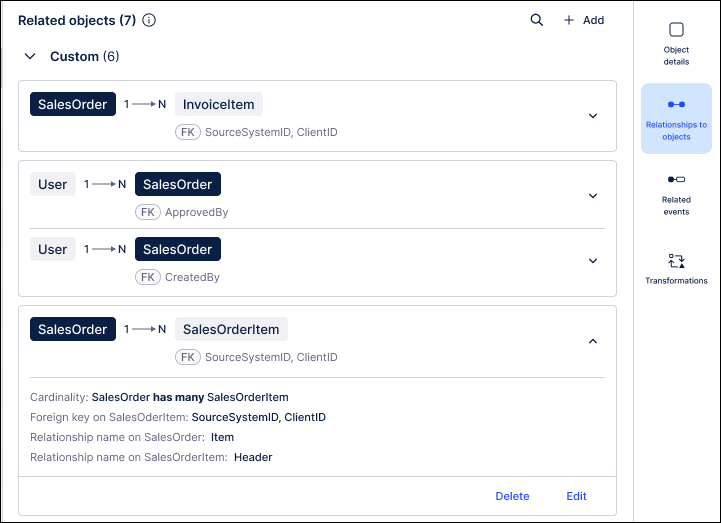 Screenshot showing the list of relationships on the Relationships to objects tab.