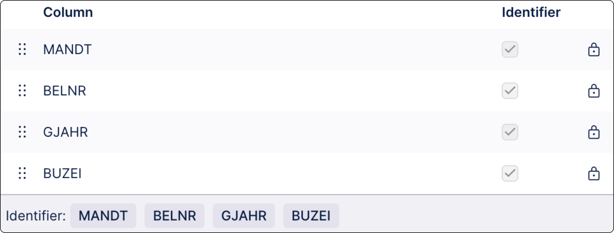 A table showing the following data model identifier columns: MANDT, BELNR, GJAHR, BUZEI.