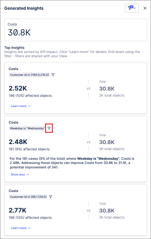 Screenshot showing a list of the generated inights, with the filter icon highlighted