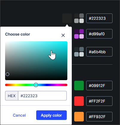 Screenshot showing the choose color options where the dark mode brand color can't be easily distinguished