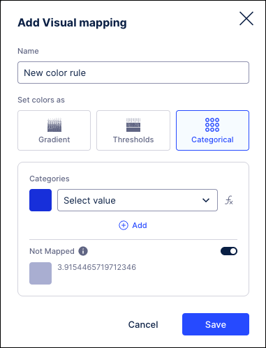 Screenshot of the Add Visual mapping window for KPIs for the Categorical option selected.