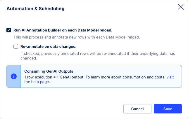 Screenshot of the Automation and Scheduling window for an Annotation Builder.