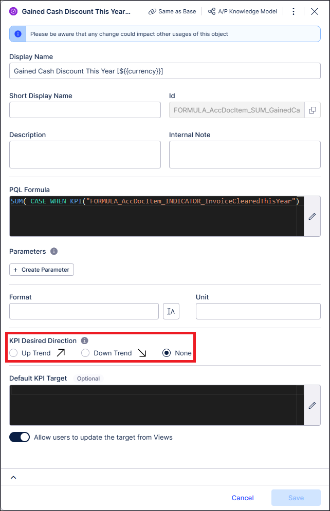Screenshot of a Knowledge Model KPI for Insight Explorer with the KPI Desired Direction field highlighted.