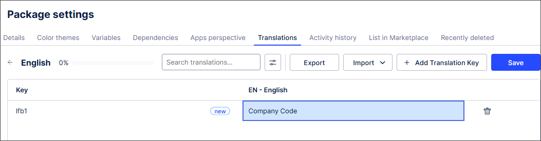 The Package settings screen with a translation key added for company code