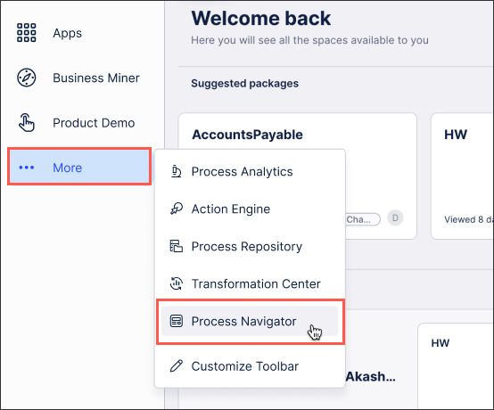 Image showing Process Navigator as an item on the Celonis Platform Navigation bar accessed from the More menu item