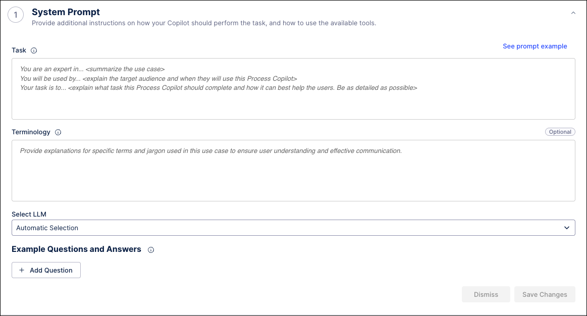 Screenshot showing the System Prompt section of the Process Copilot configuration.